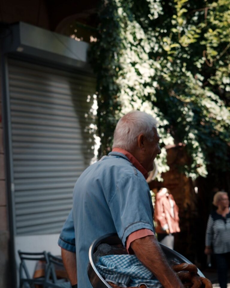 Grandpa walking to the bakery